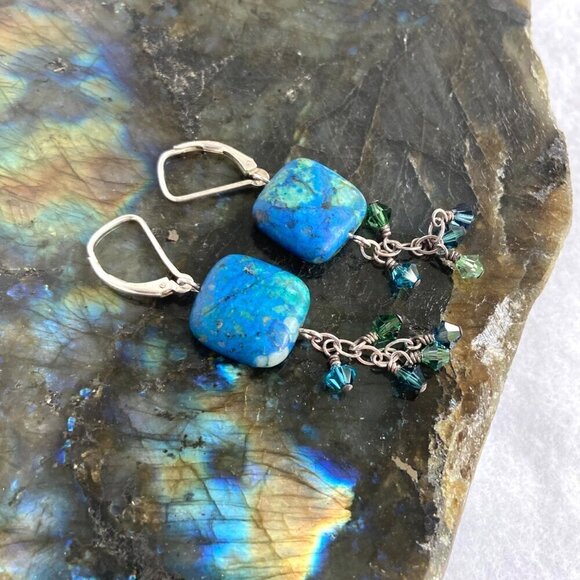 Sterling Silver 925 Square Azurite Bi-Cone Beaded Leverback Dangle Earrings - Picture 2 of 12
